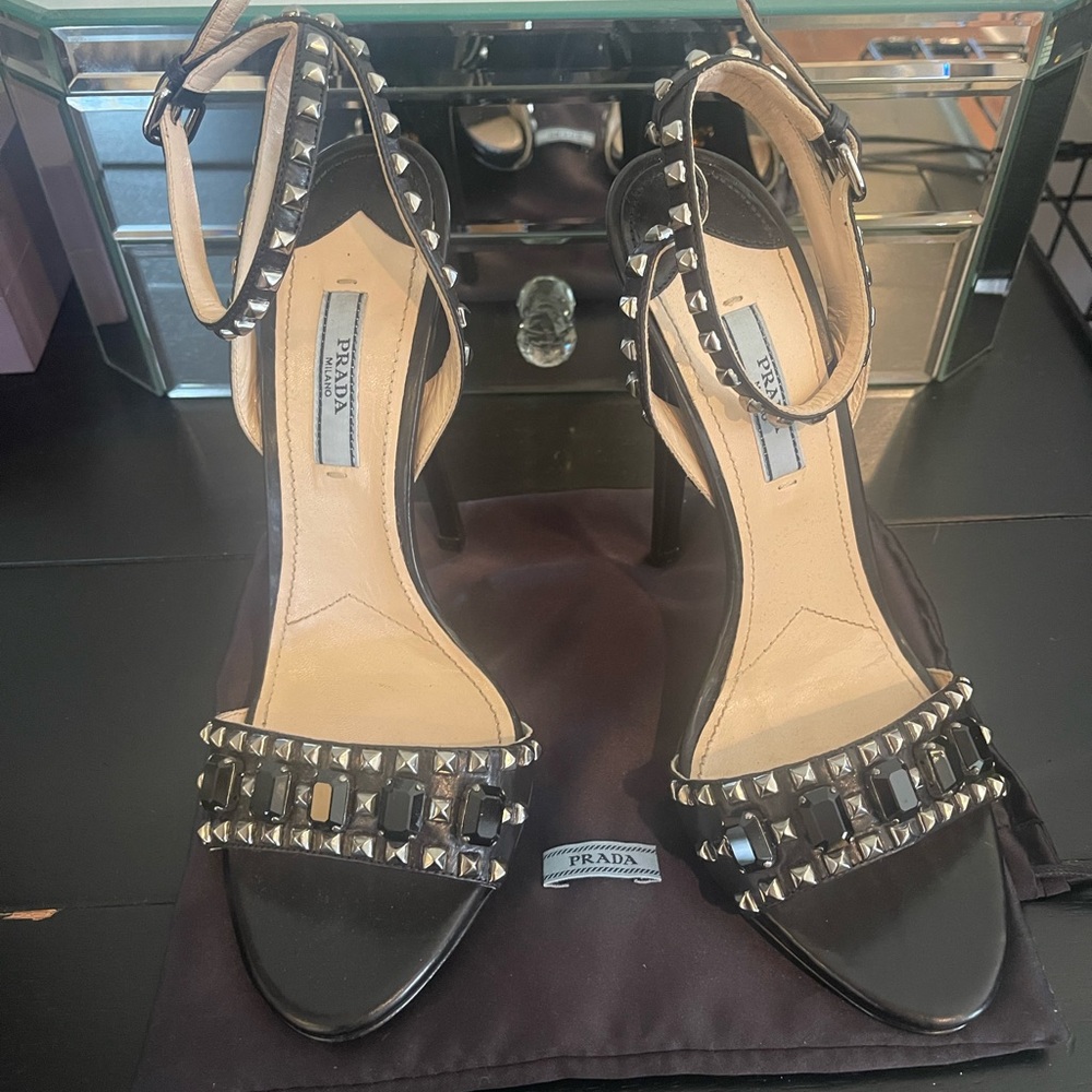 Prada Embellished Rhinestone Black Leather Strappy Heels
